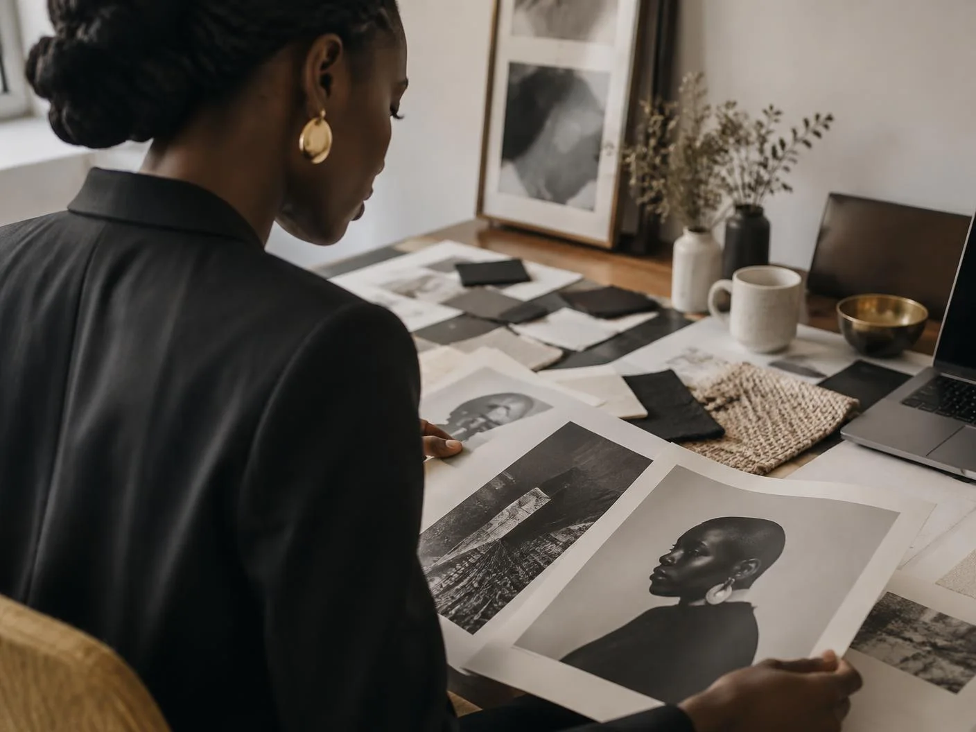 Brand direction materials arranged in a creative studio