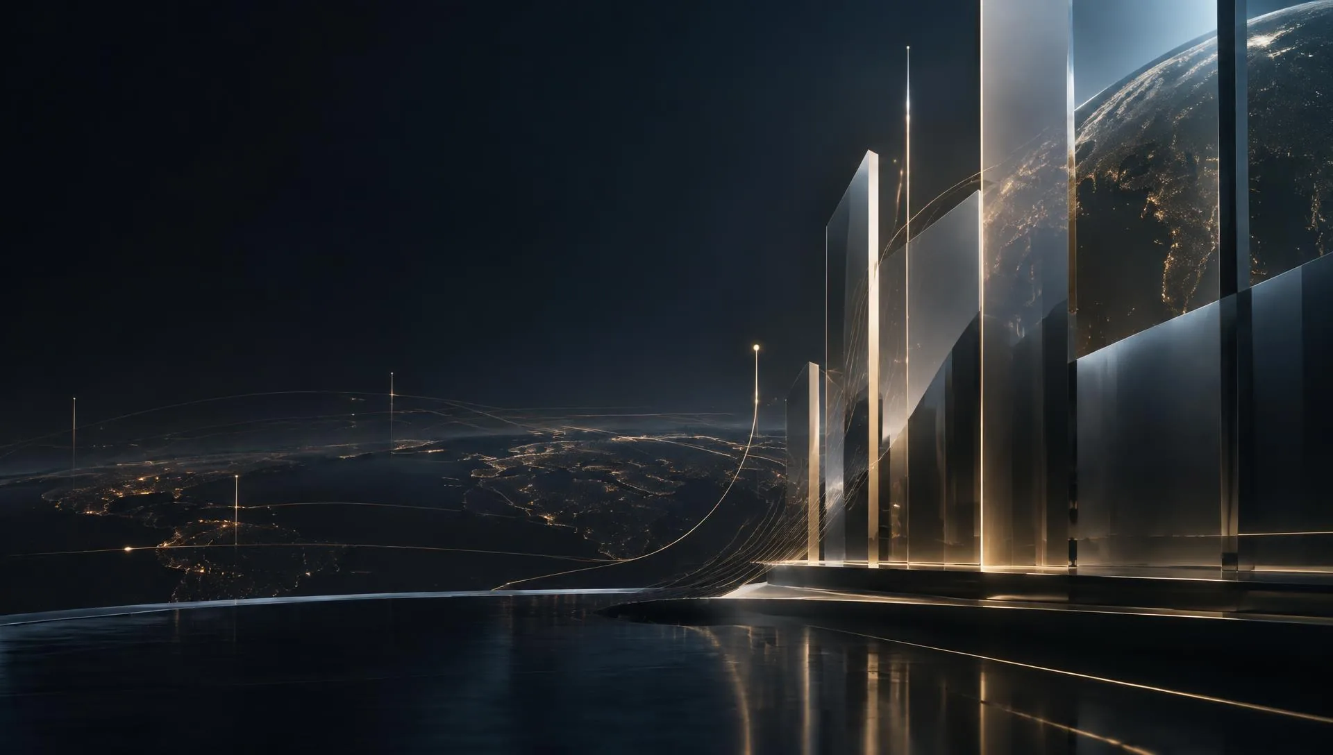 Abstract glass structures and illuminated global connections representing digital growth