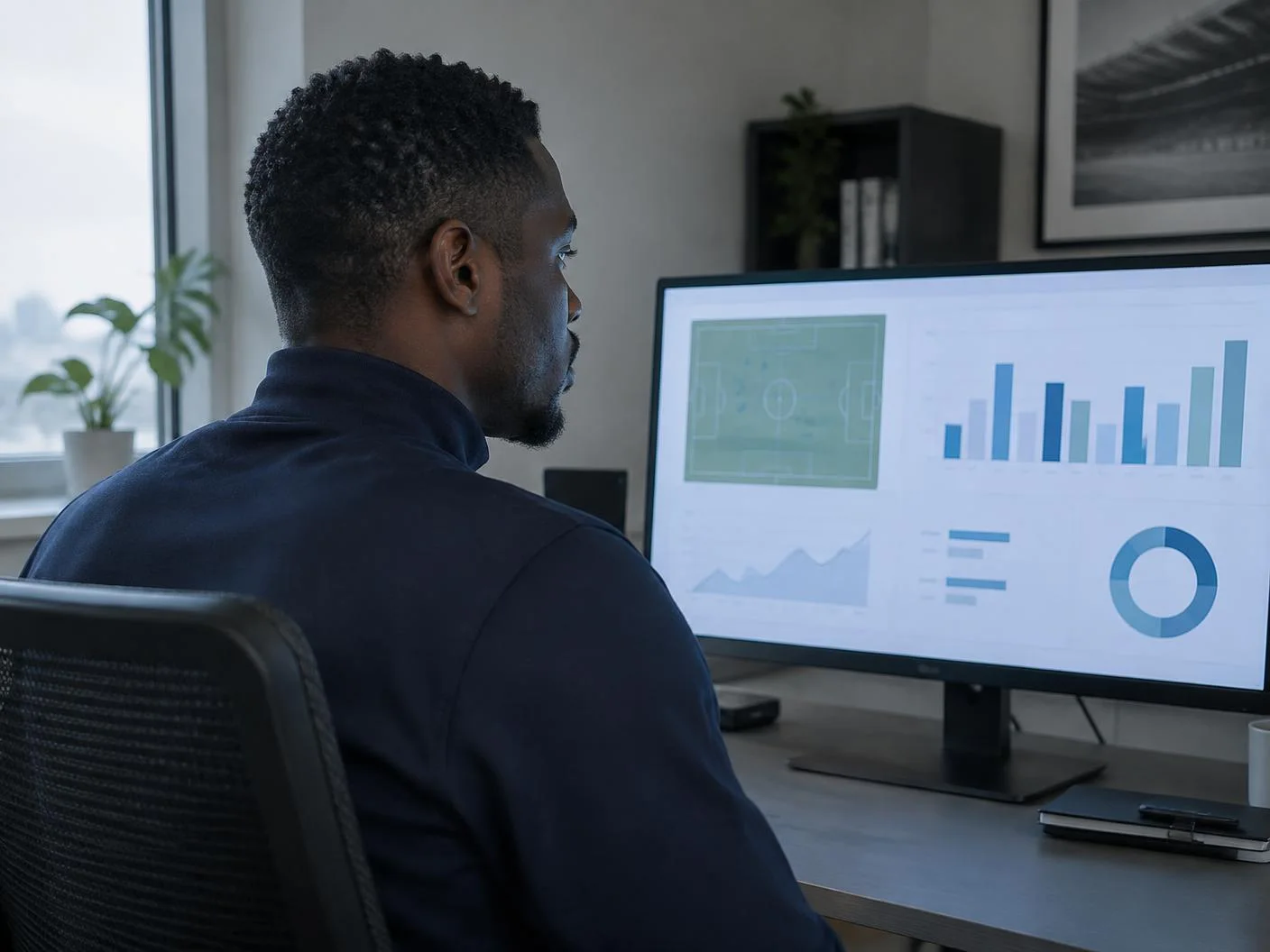 Analyst reviewing campaign dashboards on a large monitor