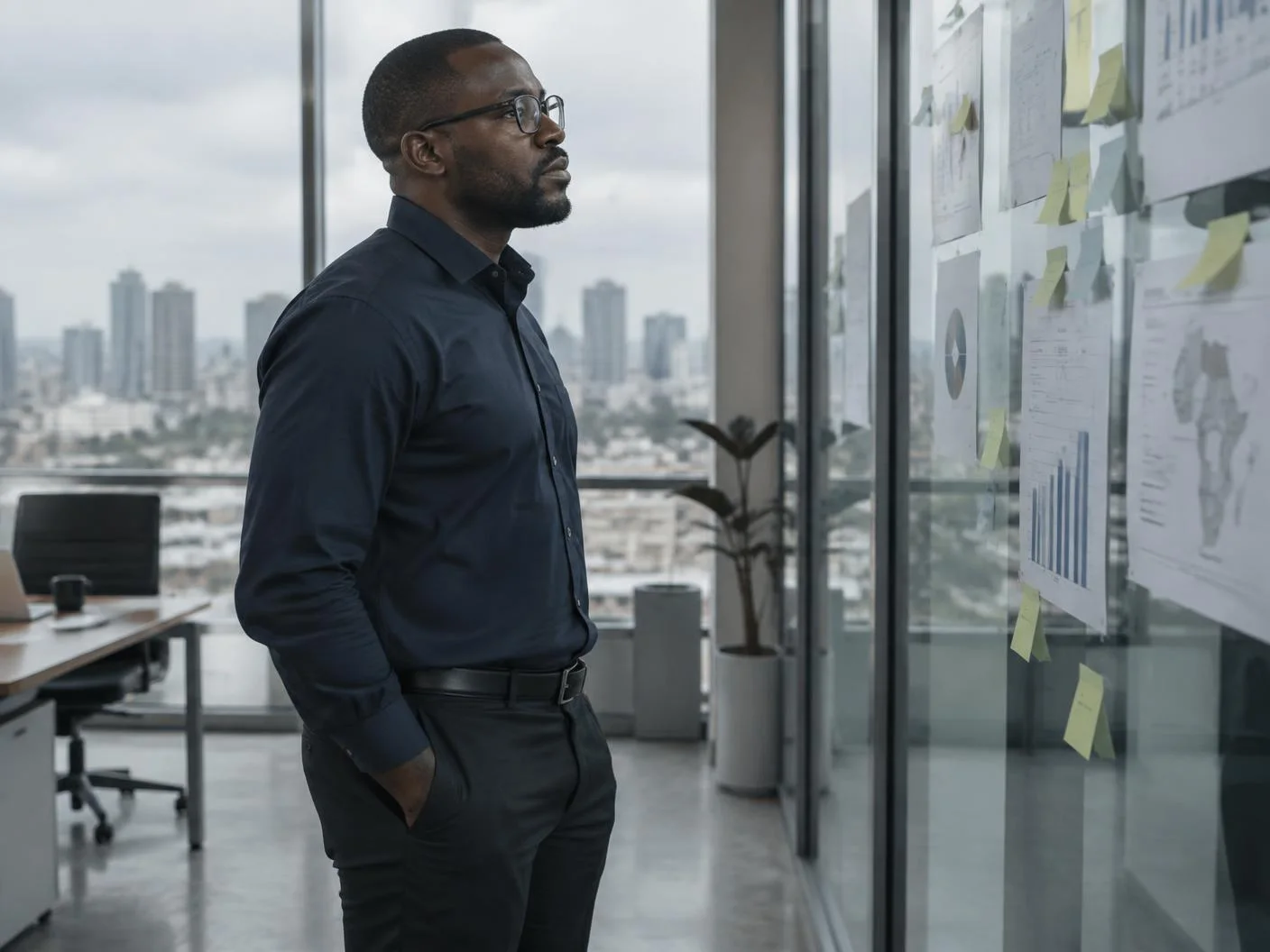 Strategist reflecting on a wall of campaign planning notes