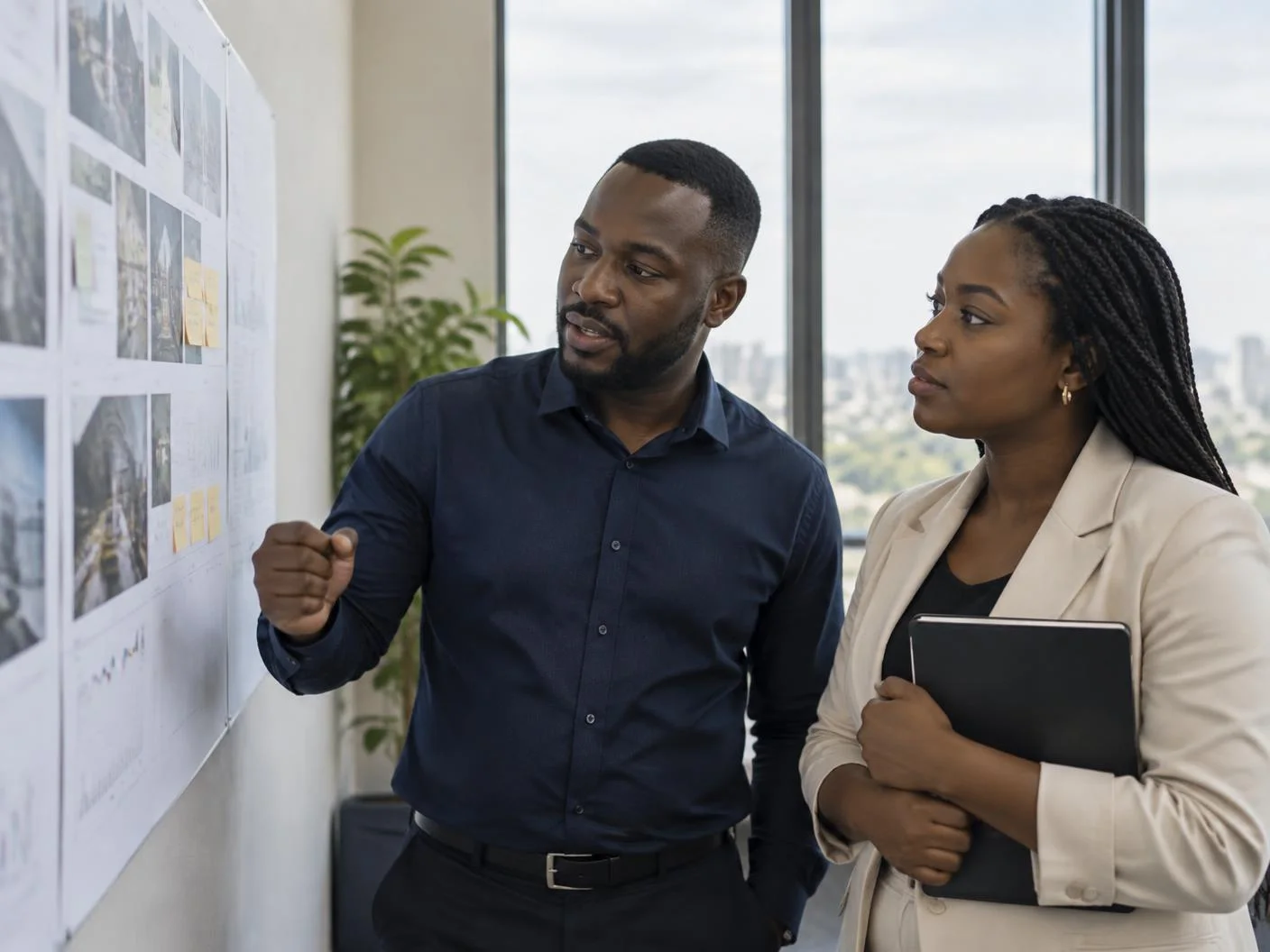 Strategists reviewing a printed campaign plan pinned to a studio wall