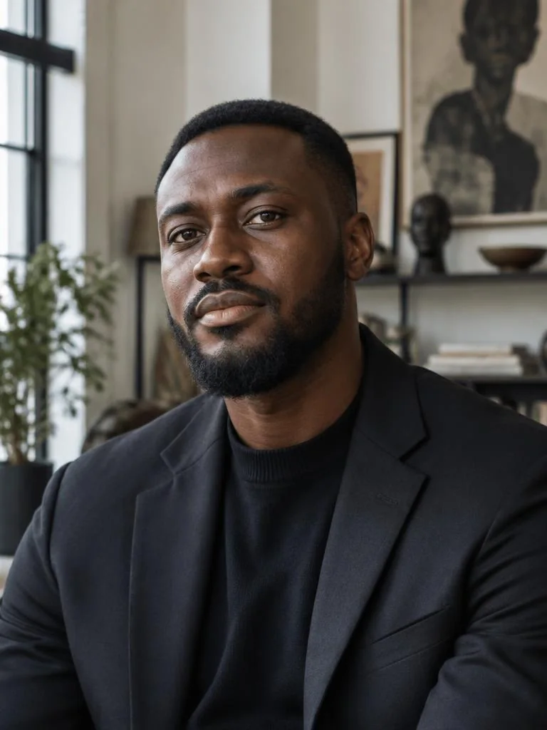 Nigerian male lifestyle creator in a refined creative studio
