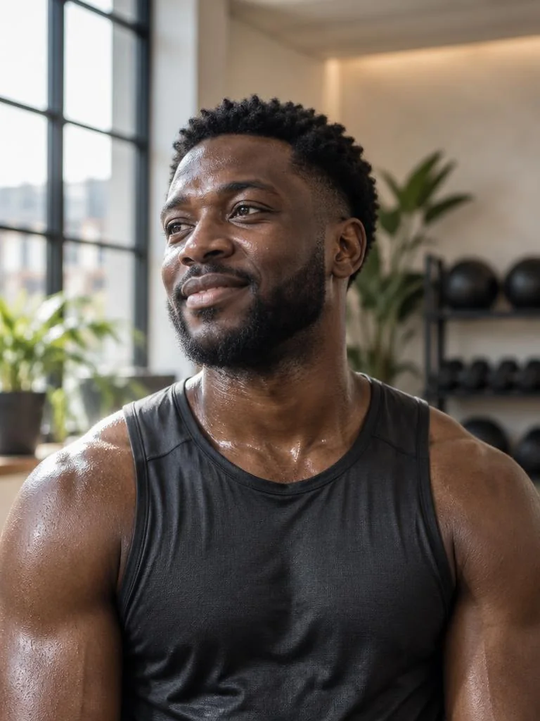Nigerian fitness creator in a naturally lit wellness studio
