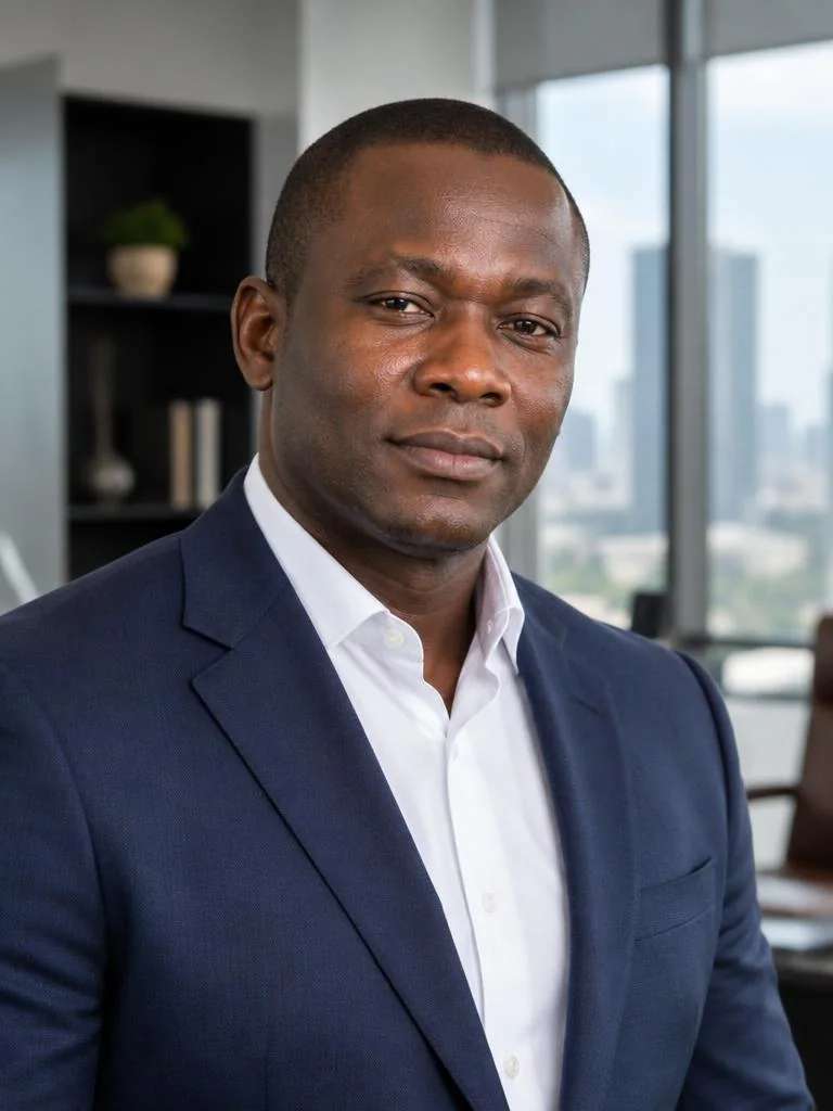 Nigerian finance and business creator in a modern office