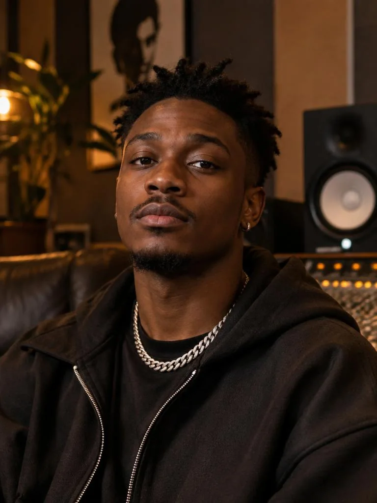Nigerian music and entertainment creator in a recording studio